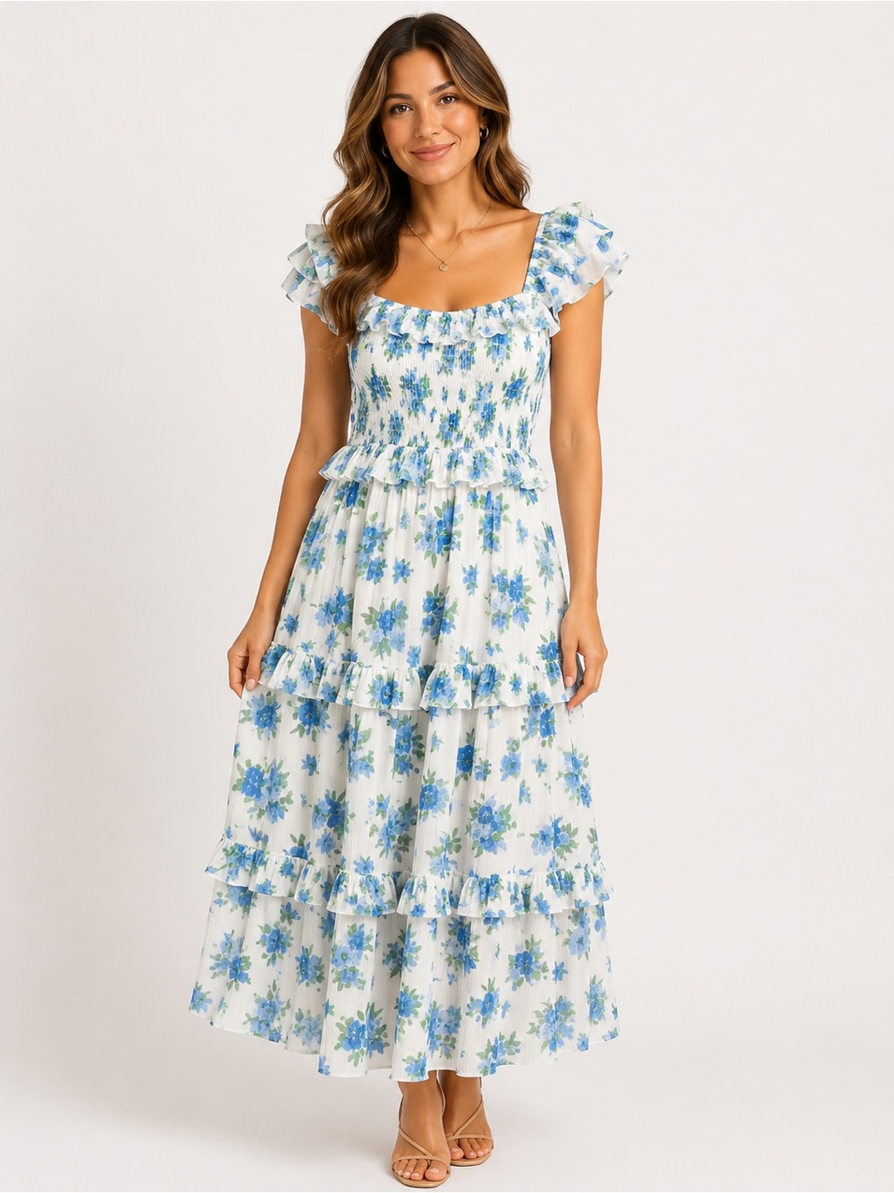 NWT Floral Ruffled Tiered Maxi Dress - Blue Floral